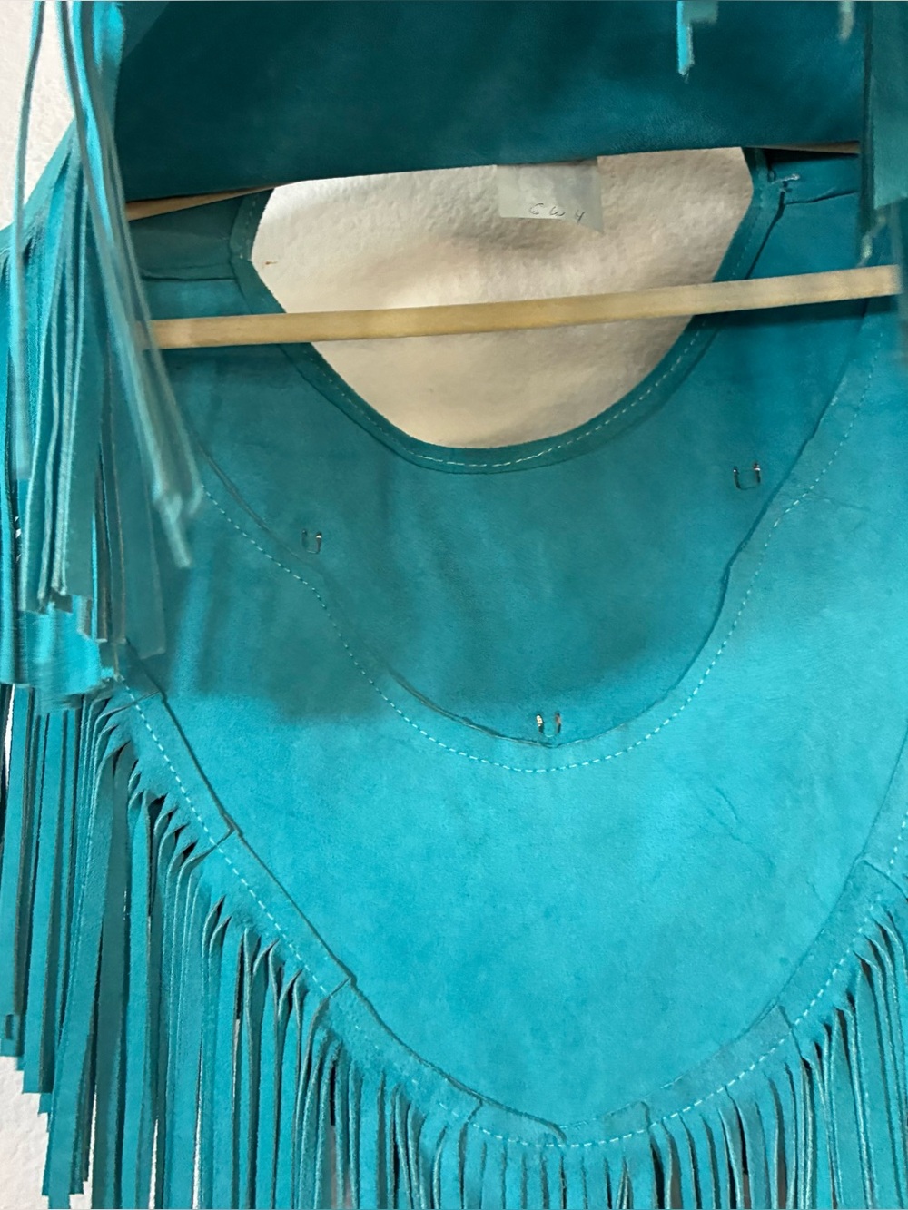 VINTAGE  HB TURQUOISE LEATHER FRINGE PONCHO - Picture 6 of 9